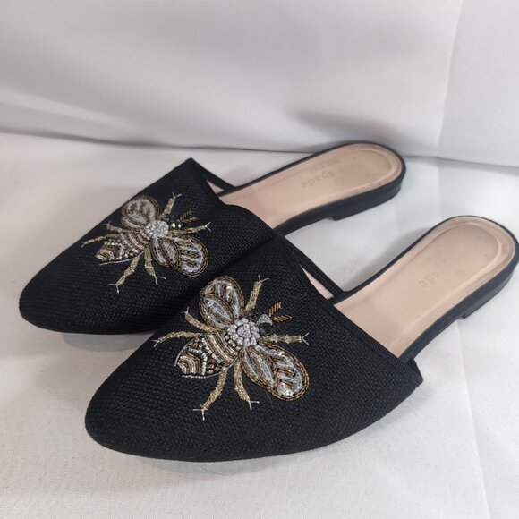 Kate Spade Maddie BEE Buzz Worthy Shoes Flats Black Gold Beaded Embroidered 7.5 - Picture 3 of 16